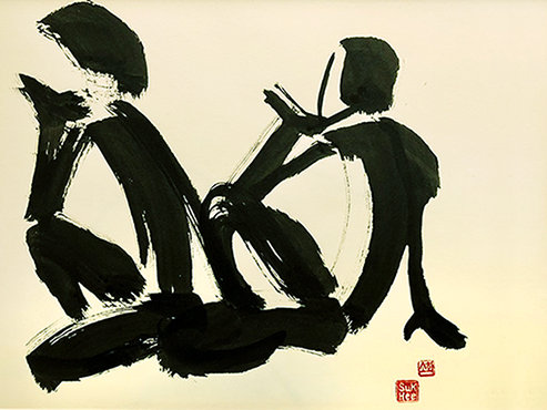 Thick 
		black brush stroke of 2 figures. A woman sits facing left, away from a man, 
		and a man sitting behind her hesitates.